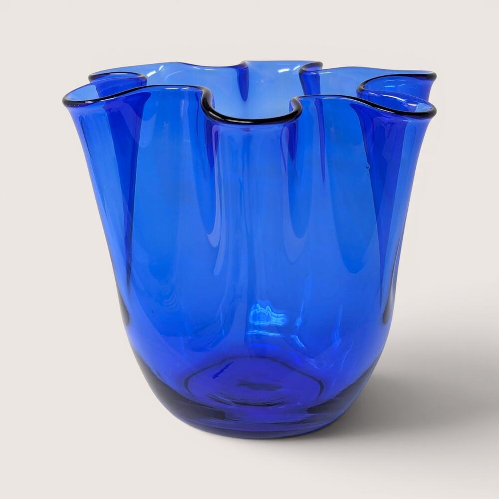 Mid Century Cobalt Blue Blown Glass Fazzoletto Handkerchief Vase